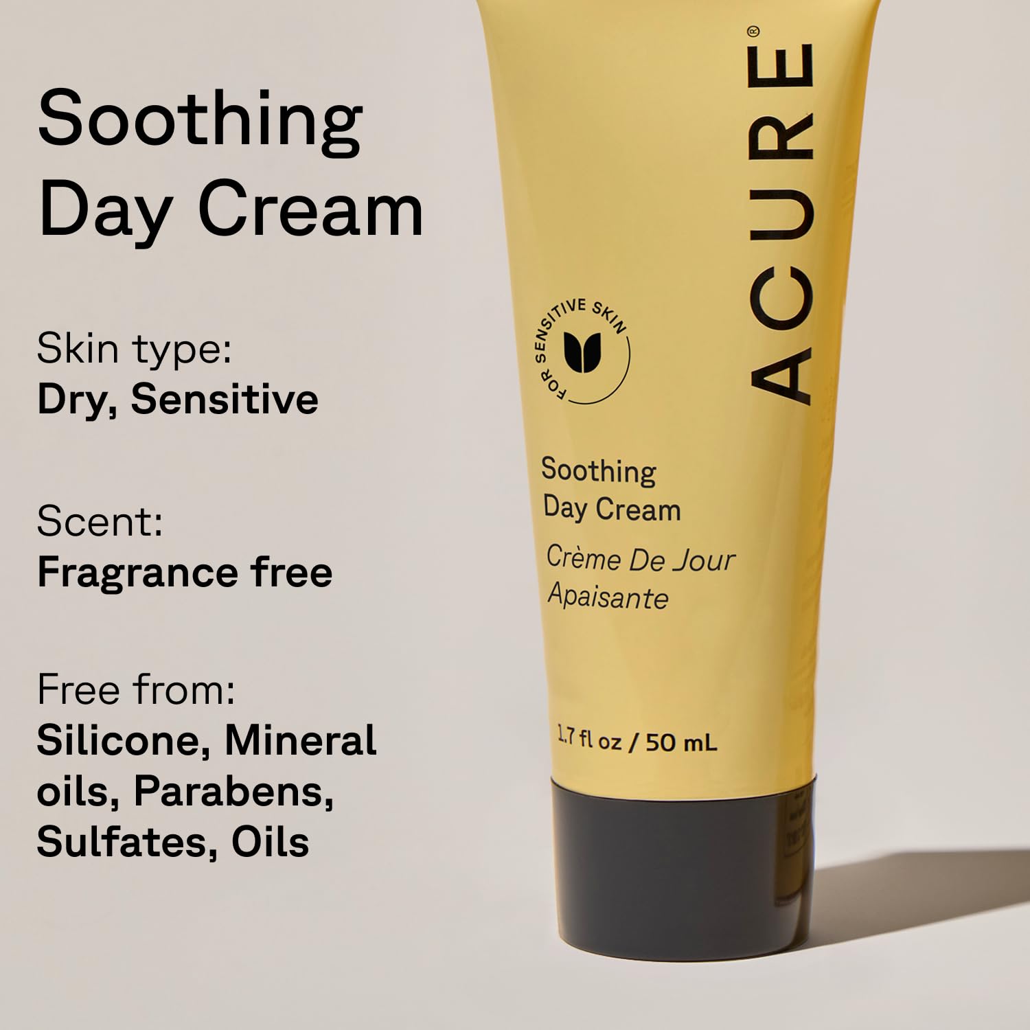 Acure Soothing Day Cream vegan and cruelty-free badge signals clean skincare choice
