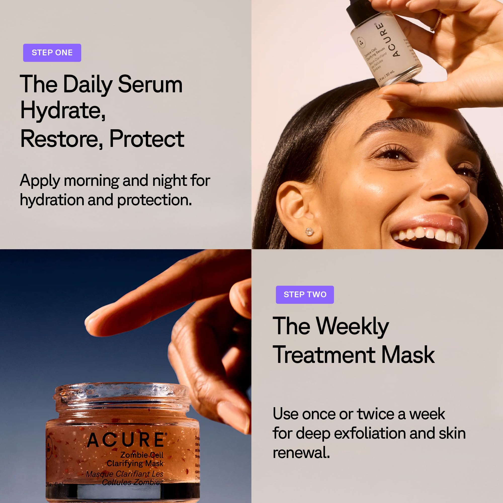 Acure mask-on-face in bathroom mirror shows refreshed, less dull skin.