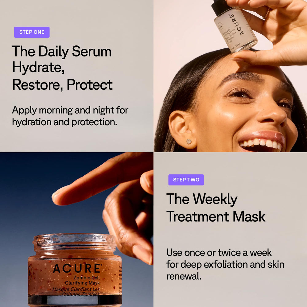 Acure mask-on-face in bathroom mirror shows refreshed, less dull skin.