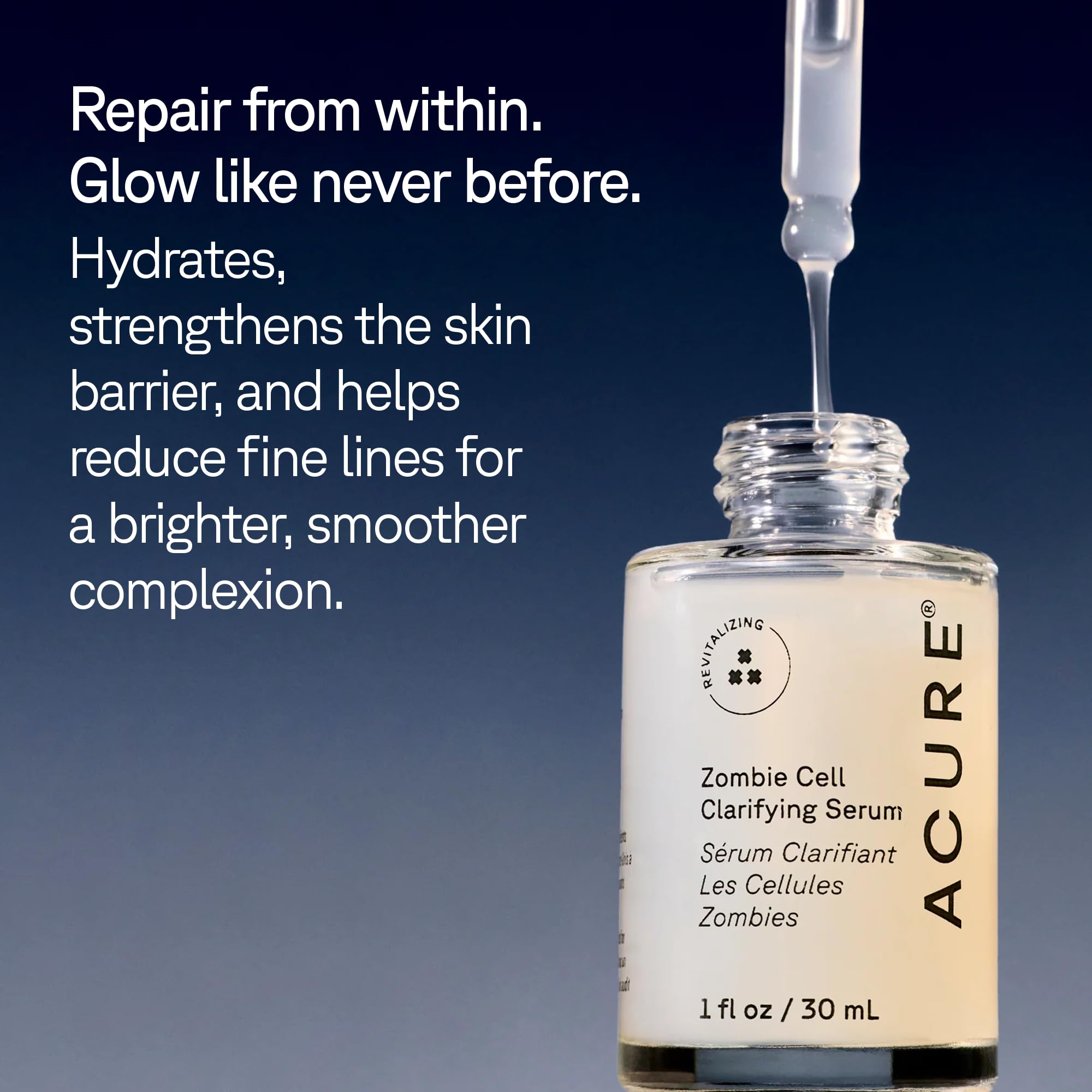 Acure Zombie Cell Serum apply routine—morning and night for refreshed skin.