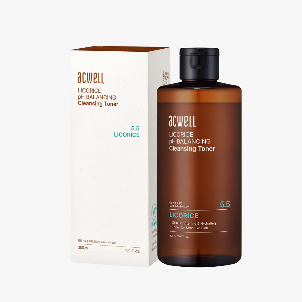 ACWELL Licorice pH Balancing Toner bottle on vanity promotes balanced skin after cleansing.