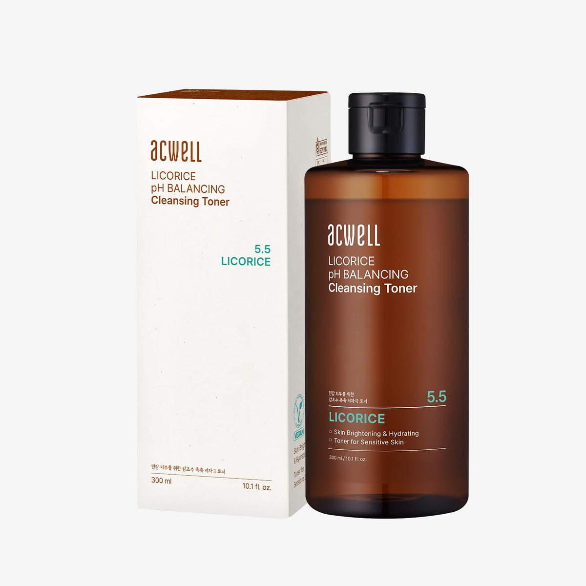 ACWELL Licorice pH Balancing Toner bottle on vanity promotes balanced skin after cleansing.