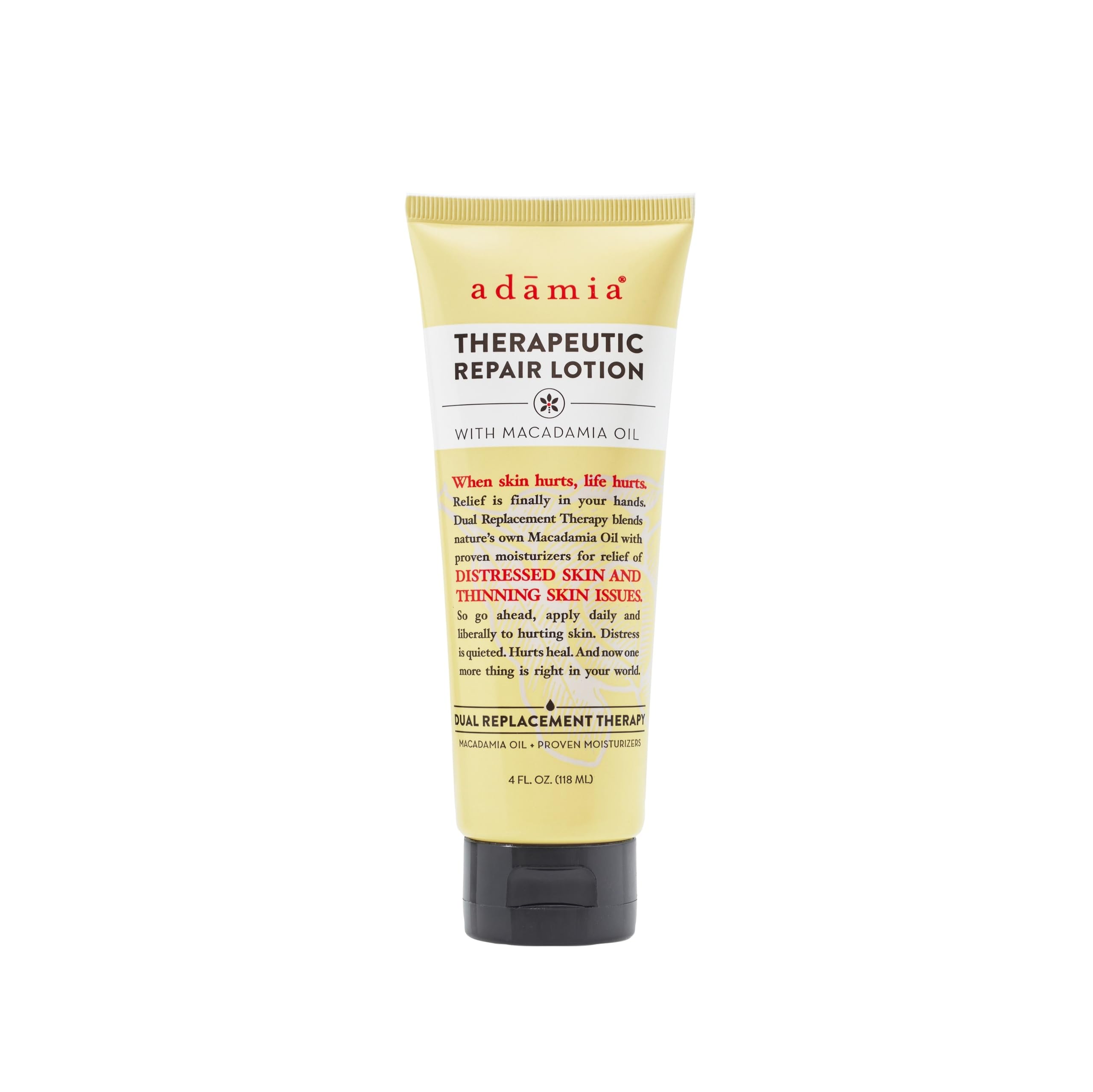 Adamia Therapeutic Repair Lotion bottle highlighting macadamia oil for deep, non-greasy hydration.