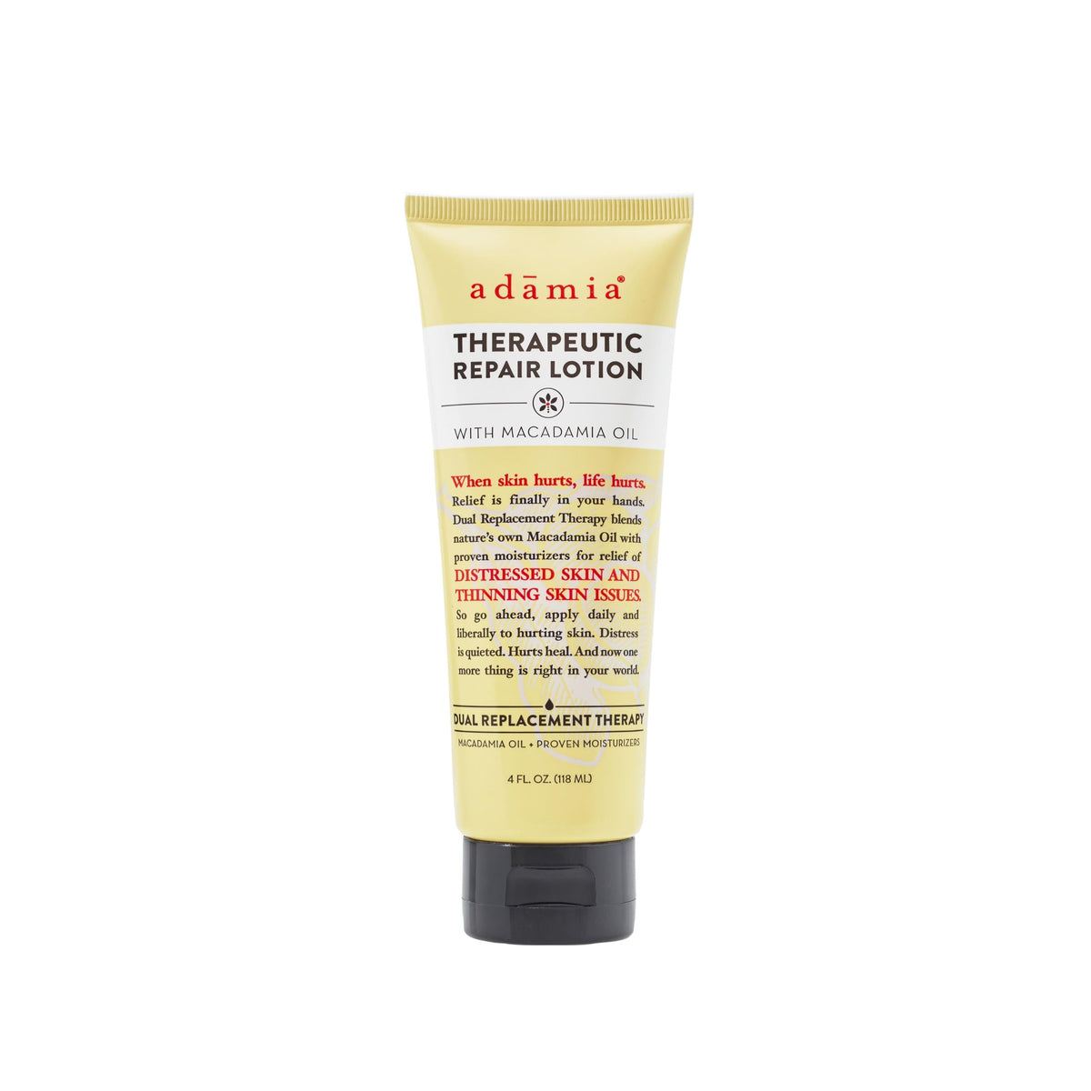 Adamia Therapeutic Repair Lotion bottle highlighting macadamia oil for deep, non-greasy hydration.
