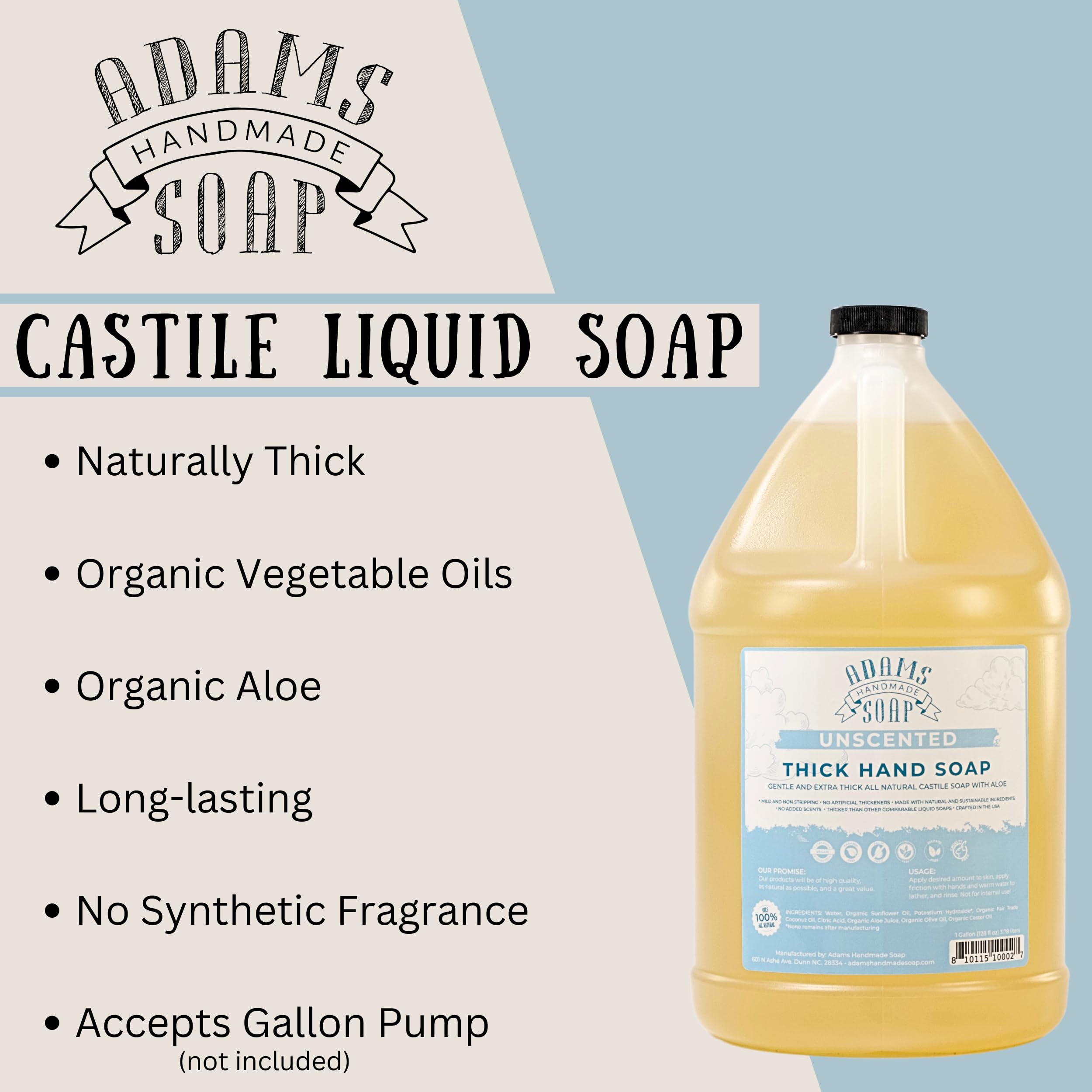 Adams Handmade Soap 1-gallon refill packaging highlights cost-effective bulk refills for family use