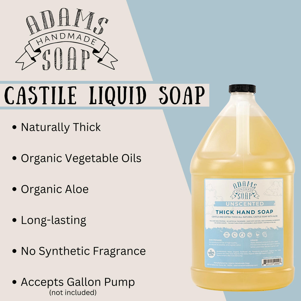 Adams Handmade Soap 1-gallon refill packaging highlights cost-effective bulk refills for family use