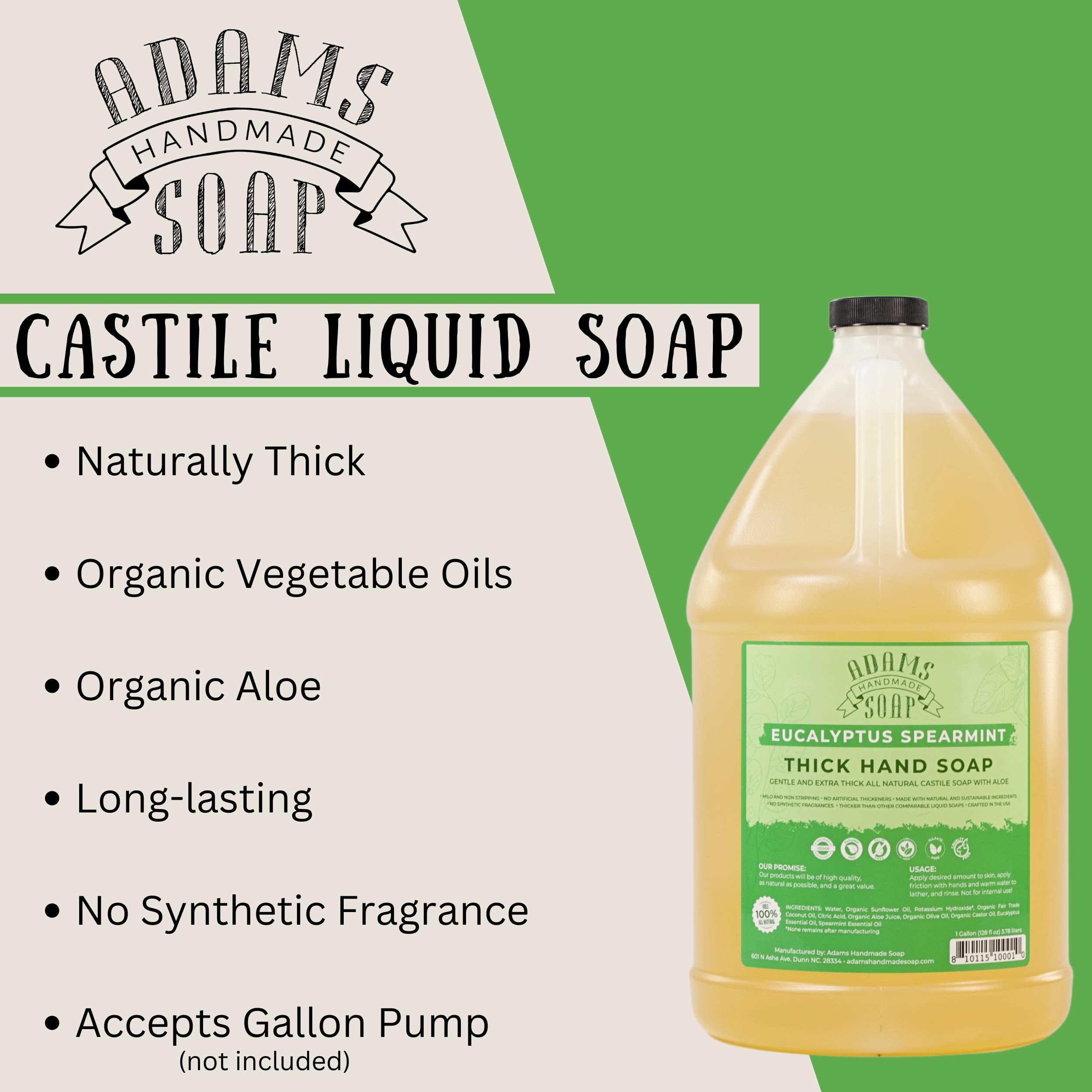 Adams Handmade Soap thick castile hand soap in a gallon jug, offering a concentrated yet skin-friendly wash.