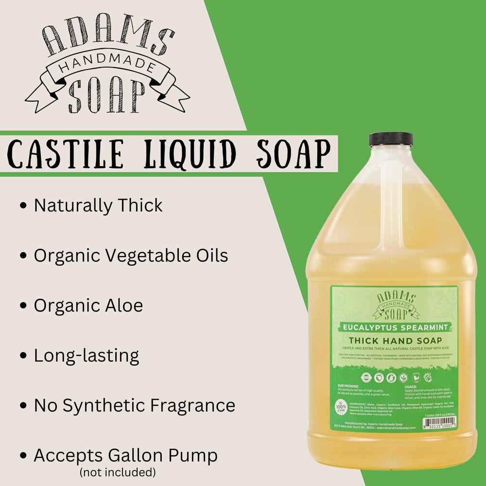 Adams Handmade Soap thick castile hand soap in a gallon jug, offering a concentrated yet skin-friendly wash.