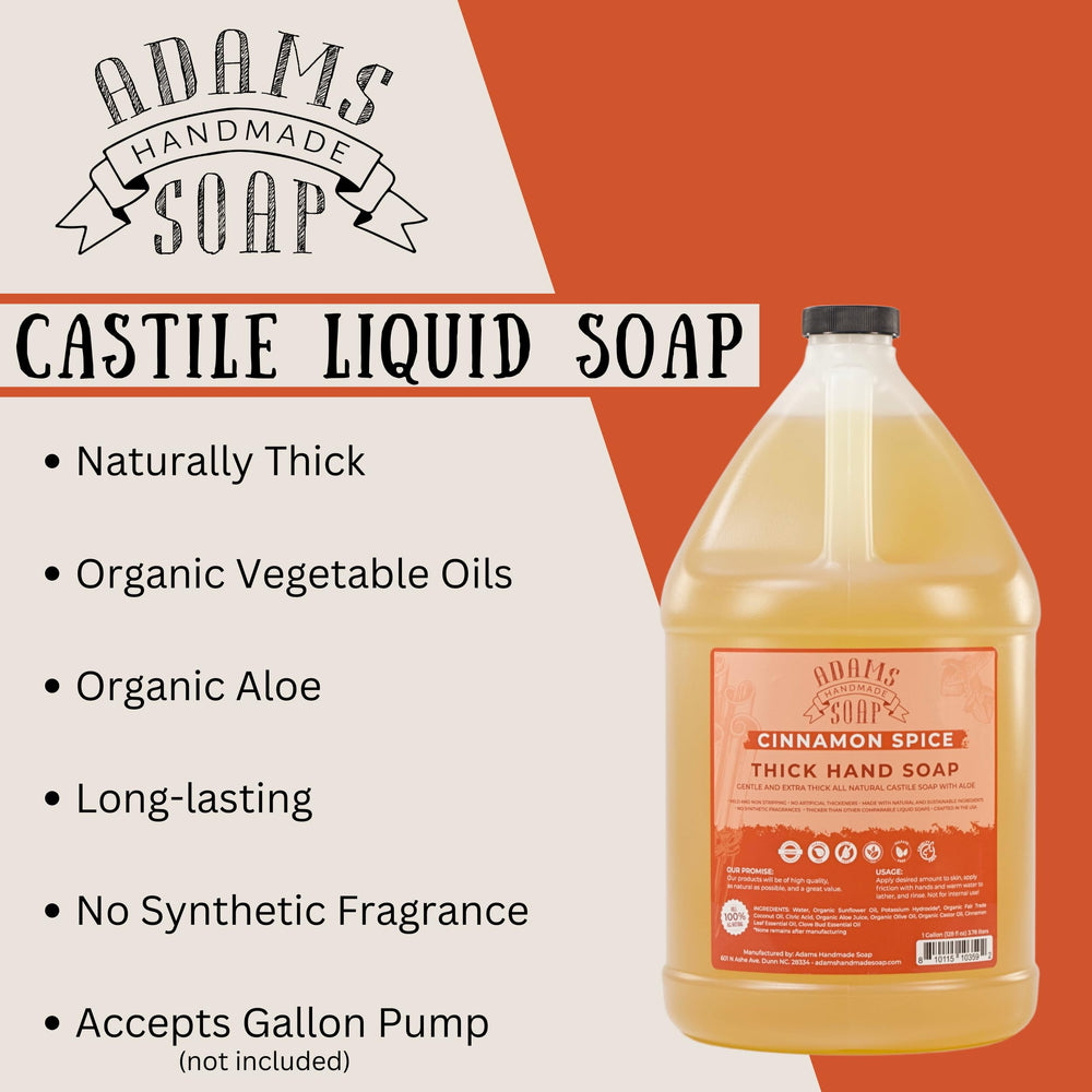 Adams Handmade Soap cinnamon-spice castile bottle-closeup highlights eco-friendly ingredients and skin mildness