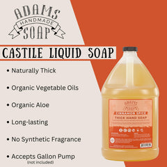 Adams Handmade Soap cinnamon-spice castile bottle-closeup highlights eco-friendly ingredients and skin mildness