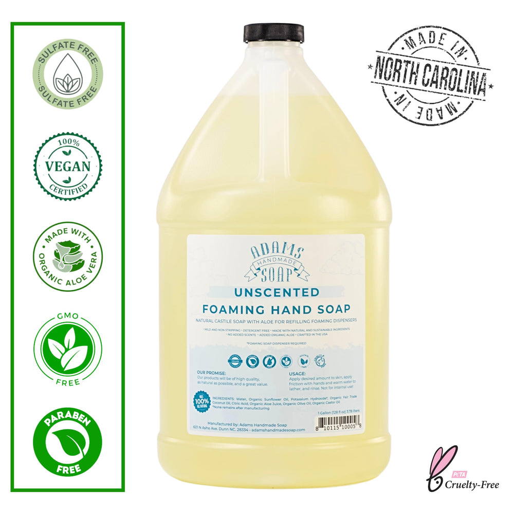 Adams Handmade Soap foaming hand soap dispensed foam showcases gentle cleansing and long-lasting suds