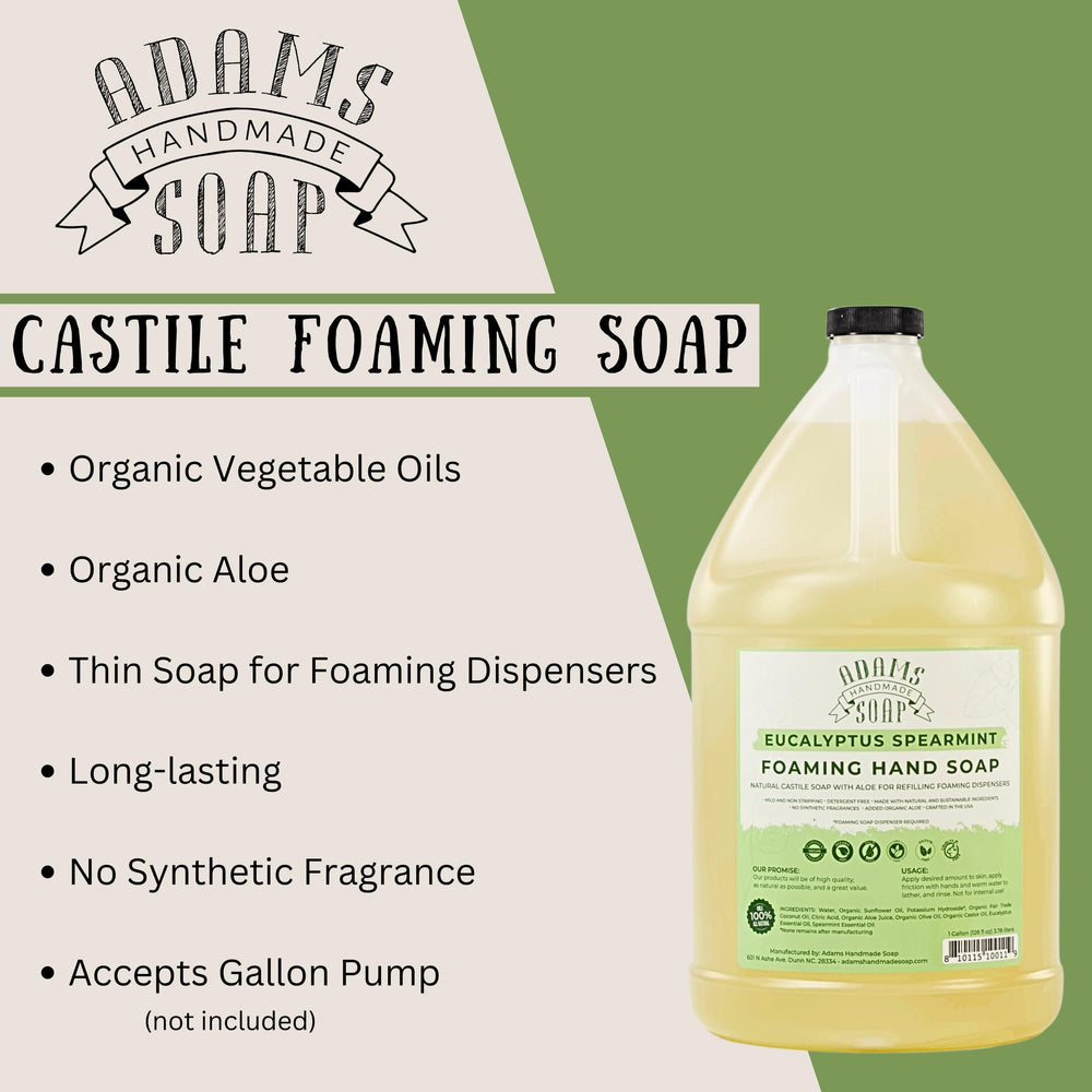 Adams Handmade Soap label on 1gal eucalyptus spearmint foaming soap emphasizes eco-friendly cleansing