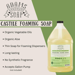 Adams Handmade Soap label on 1gal eucalyptus spearmint foaming soap emphasizes eco-friendly cleansing