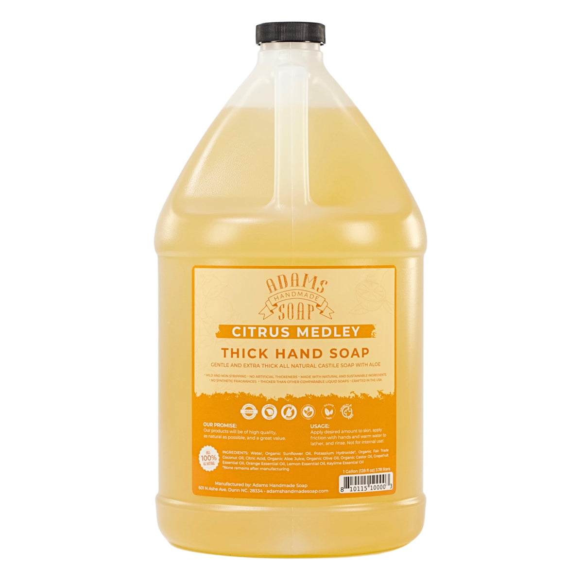 Adams Handmade Soap thick castile liquid hand soap bottle demonstrates a gentle, skin-friendly hand wash.