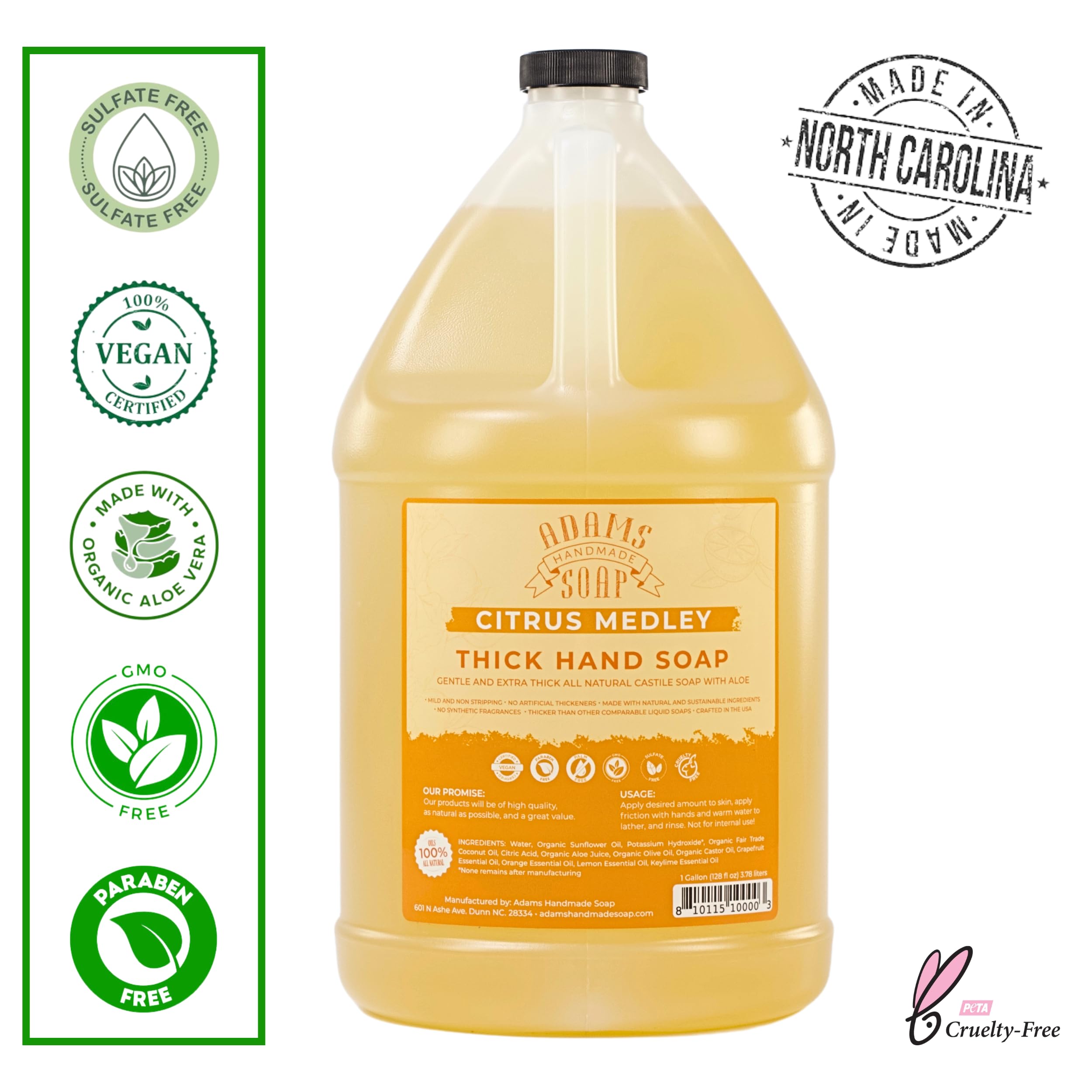 Adams Handmade Soap thick castile liquid hand soap pour supports convenient refills and easy dosing.