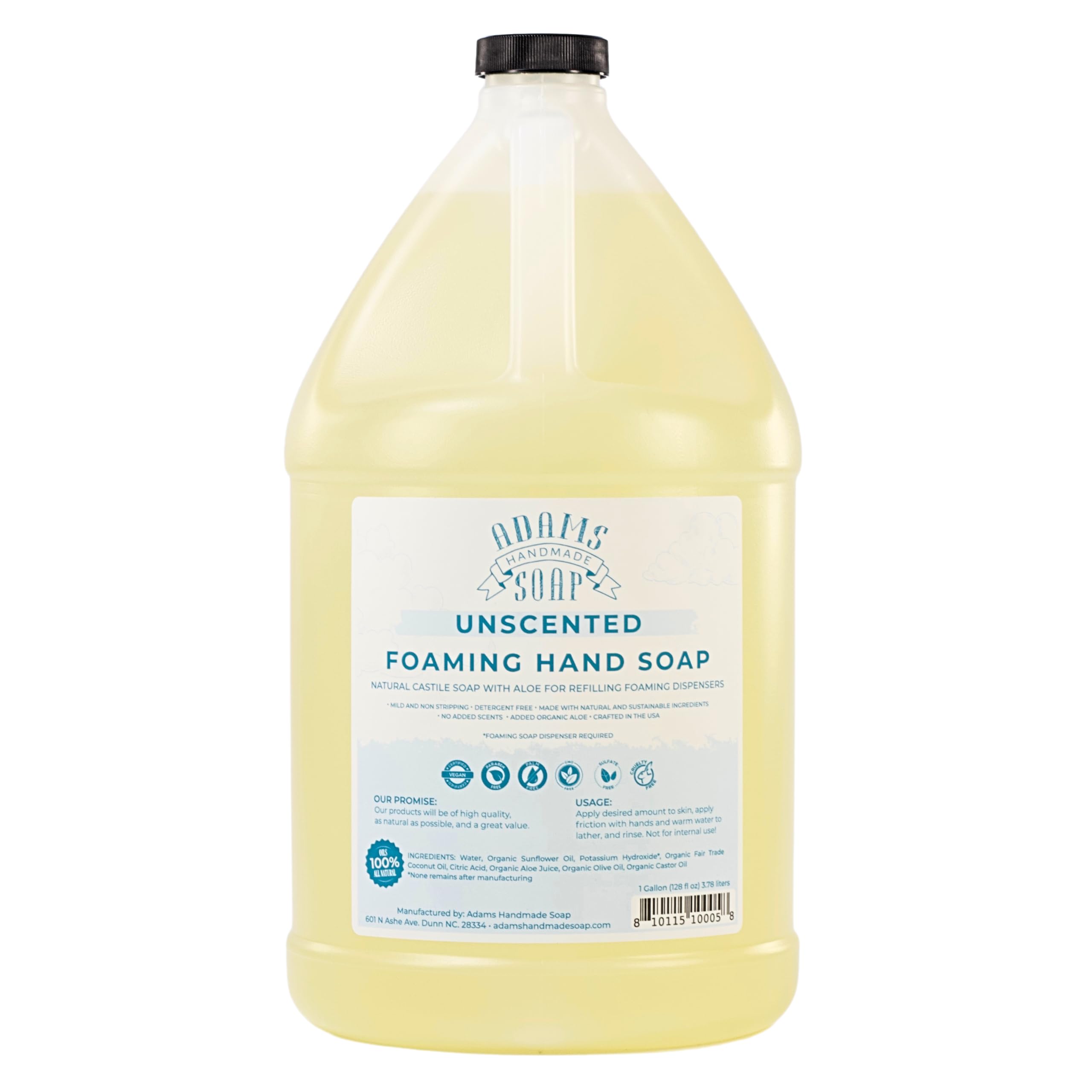 Adams Handmade Soap thin castile foaming hand soap bottle refill for efficient hand washing and easy refills