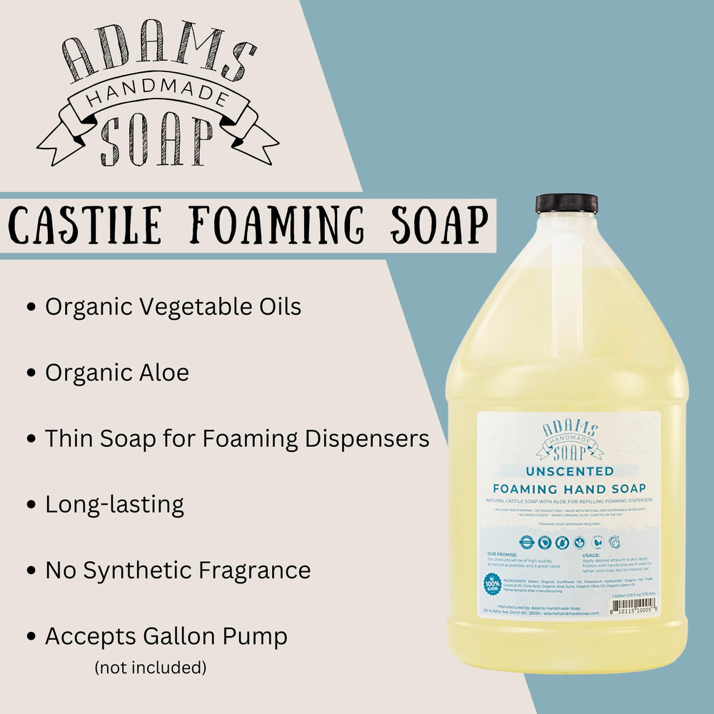 Adams Handmade Soap unscented castile ingredients label highlights vegan, cruelty-free, and biodegradable benefits