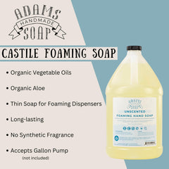 Adams Handmade Soap unscented castile ingredients label highlights vegan, cruelty-free, and biodegradable benefits