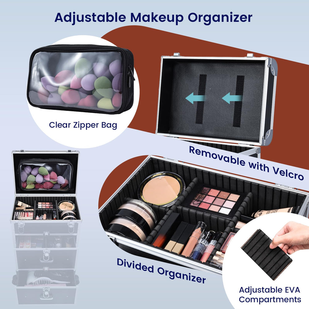 Adazzo aluminum cosmetic train case highlights durable construction and lightweight design.