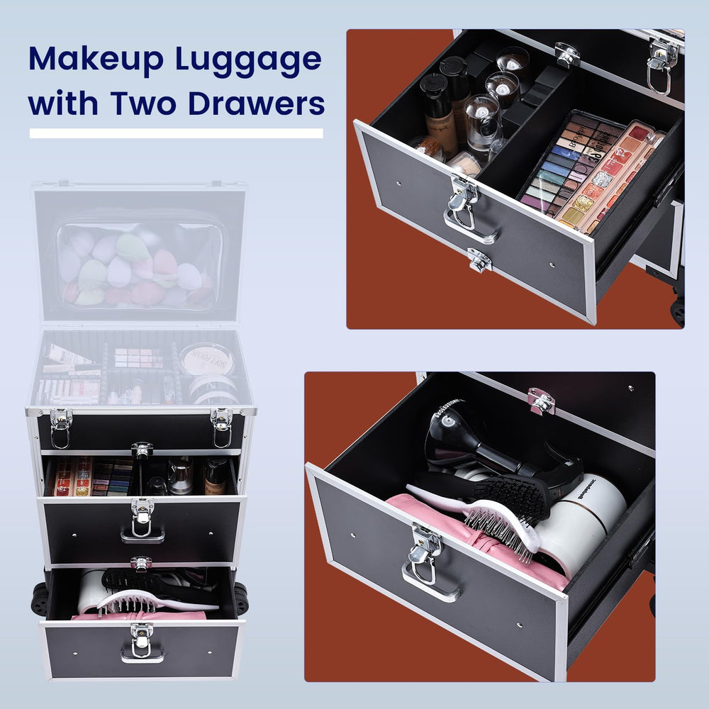 Adazzo rolling makeup case with wheels and locks ensures easy mobility and security.