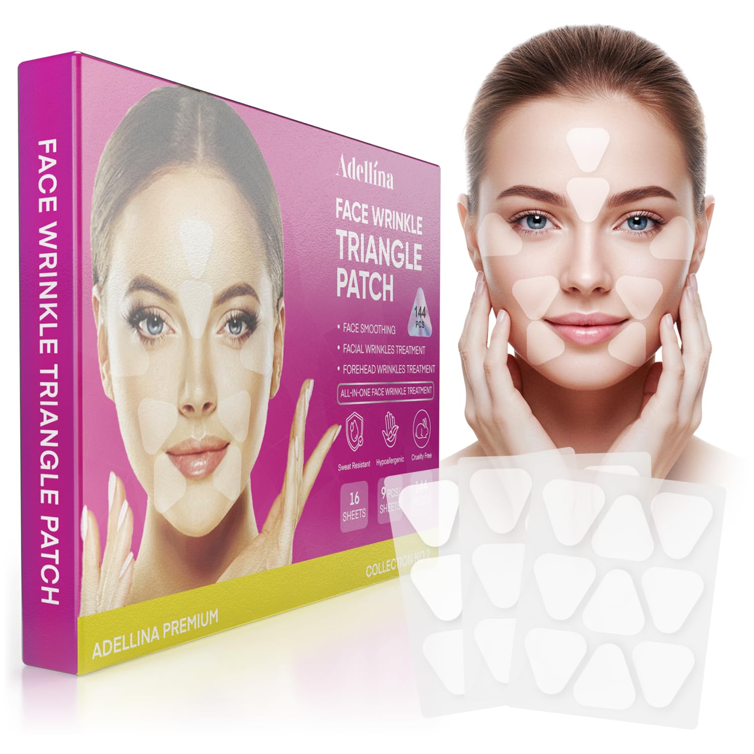 Adellina overnight patches for forehead application offer overnight firming and smoother texture.