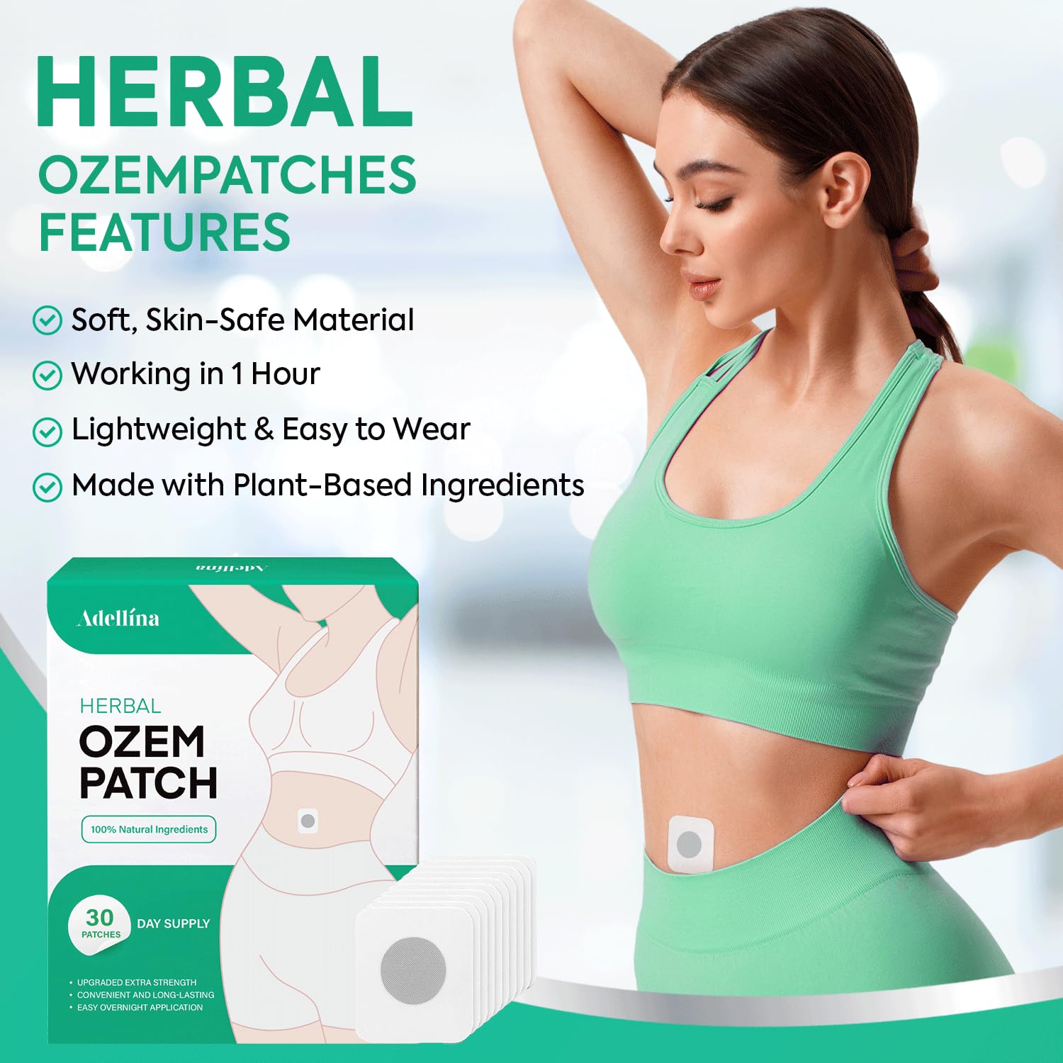 Adellina Ozempatch application demo shows patch being applied to the abdomen.