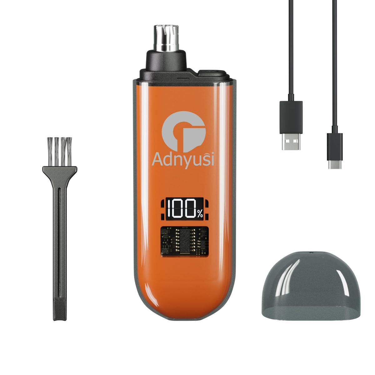 Adnyusi nose hair trimmer with digital display shows battery life for quick, on-the-go grooming.