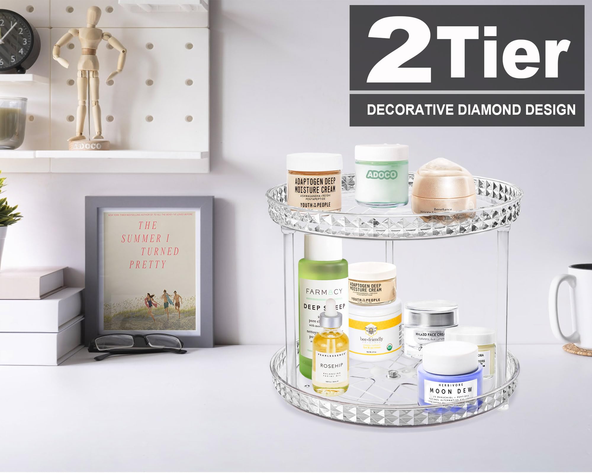 Adoco clear two-tier countertop organizer saves space while keeping bottles visible.