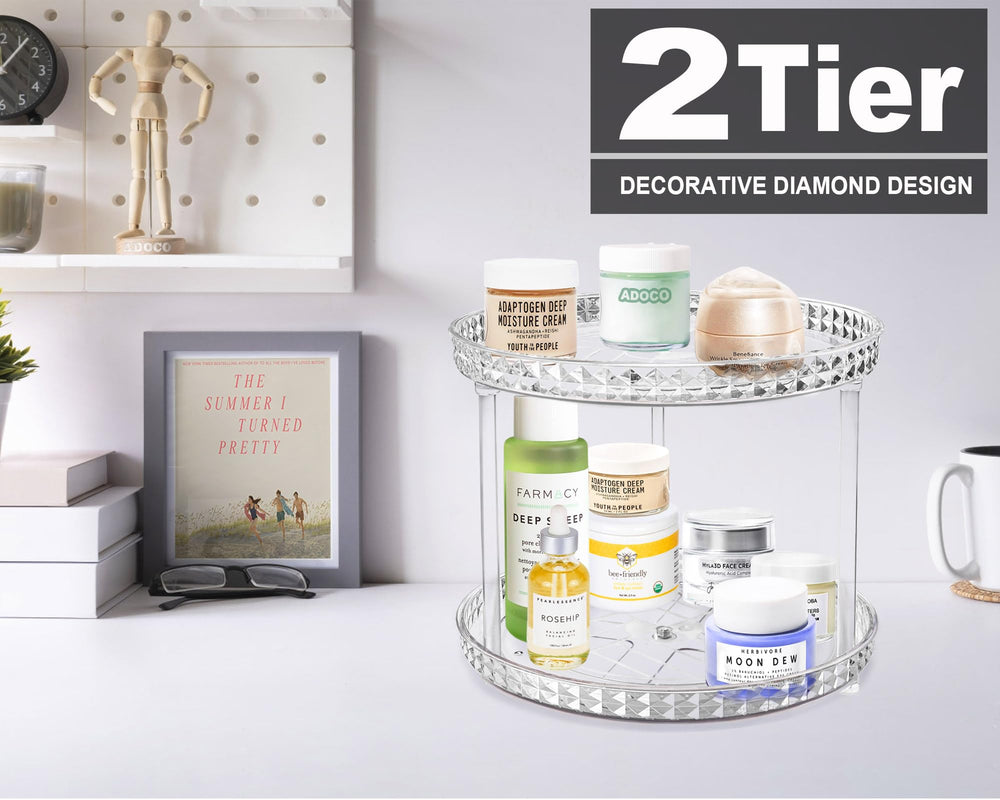 Adoco clear two-tier countertop organizer saves space while keeping bottles visible.