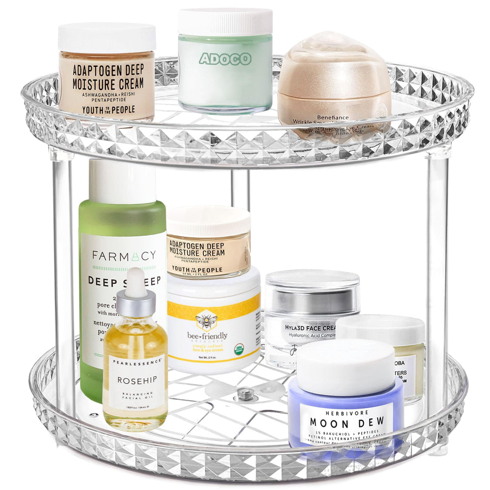 Adoco transparent vanity storage keeps cosmetics and perfumes organized.