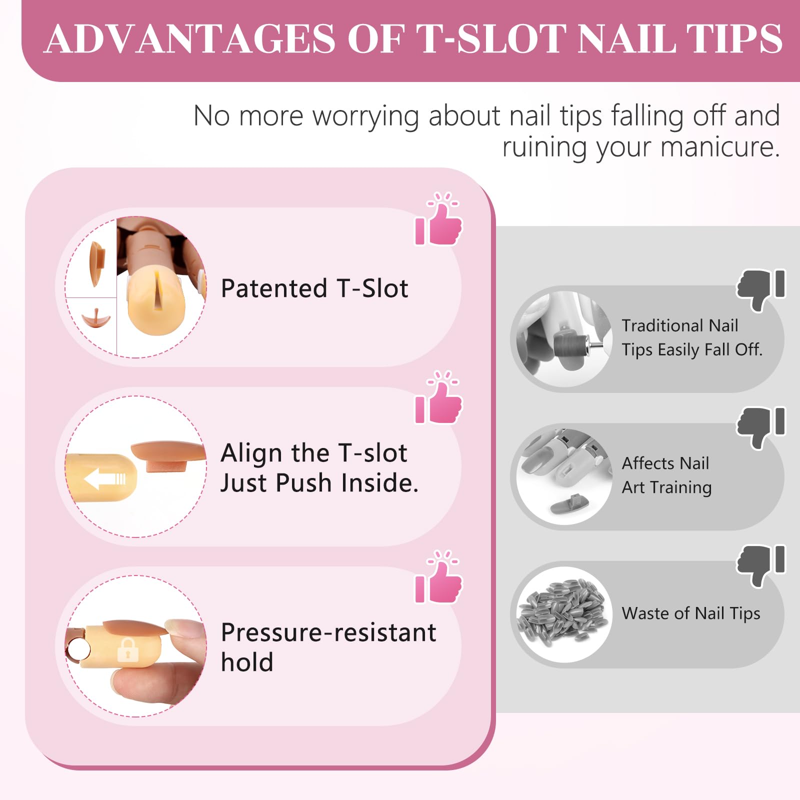 Adonafy practice hand with T shaped tips locking for secure nail practice