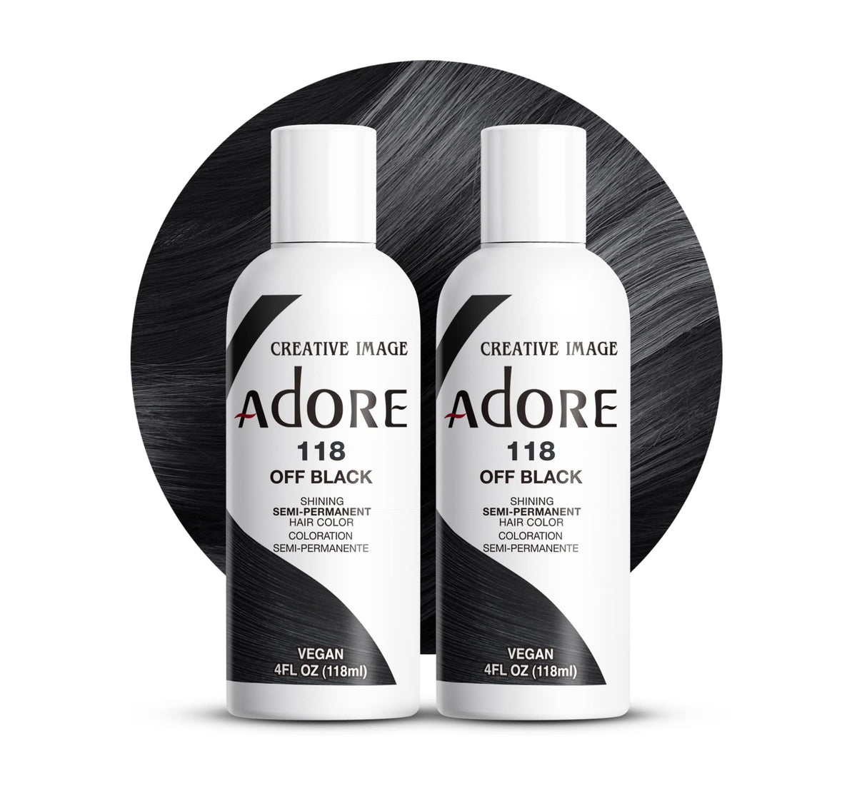 Adore 118 Off Black bottle with bold at-home color pigment.