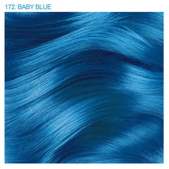 Adore 172 Baby Blue bottle closeup highlights no harsh chemicals for gentler color.
