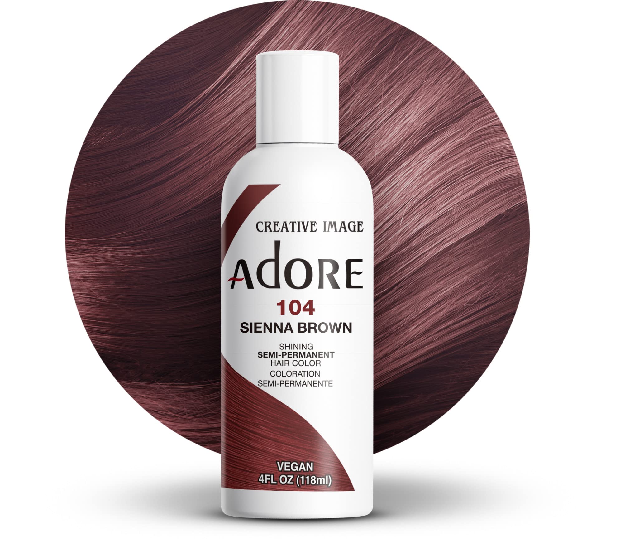 Adore 104 Sienna Brown dye bottle for vibrant at-home color.