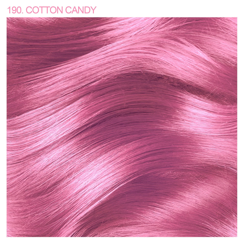 Adore Semi Permanent Hair Color 190 Cotton Candy Pink swatch demonstrates vivid pigment for consistent at-home color.
