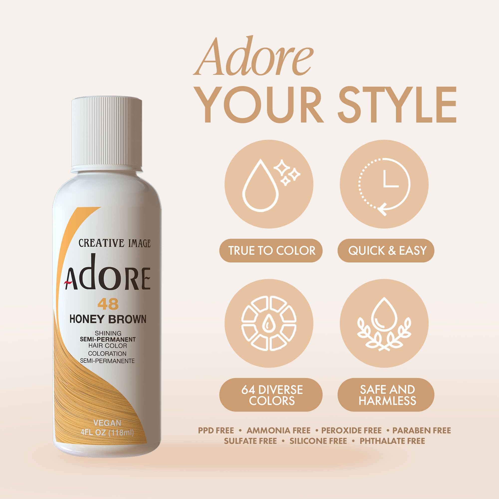 Adore vegan cruelty-free symbol emphasizes ethical dye choice