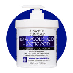 Advanced Clinicals 10% glycolic-lactic lotion bottle for smoother, radiant skin.