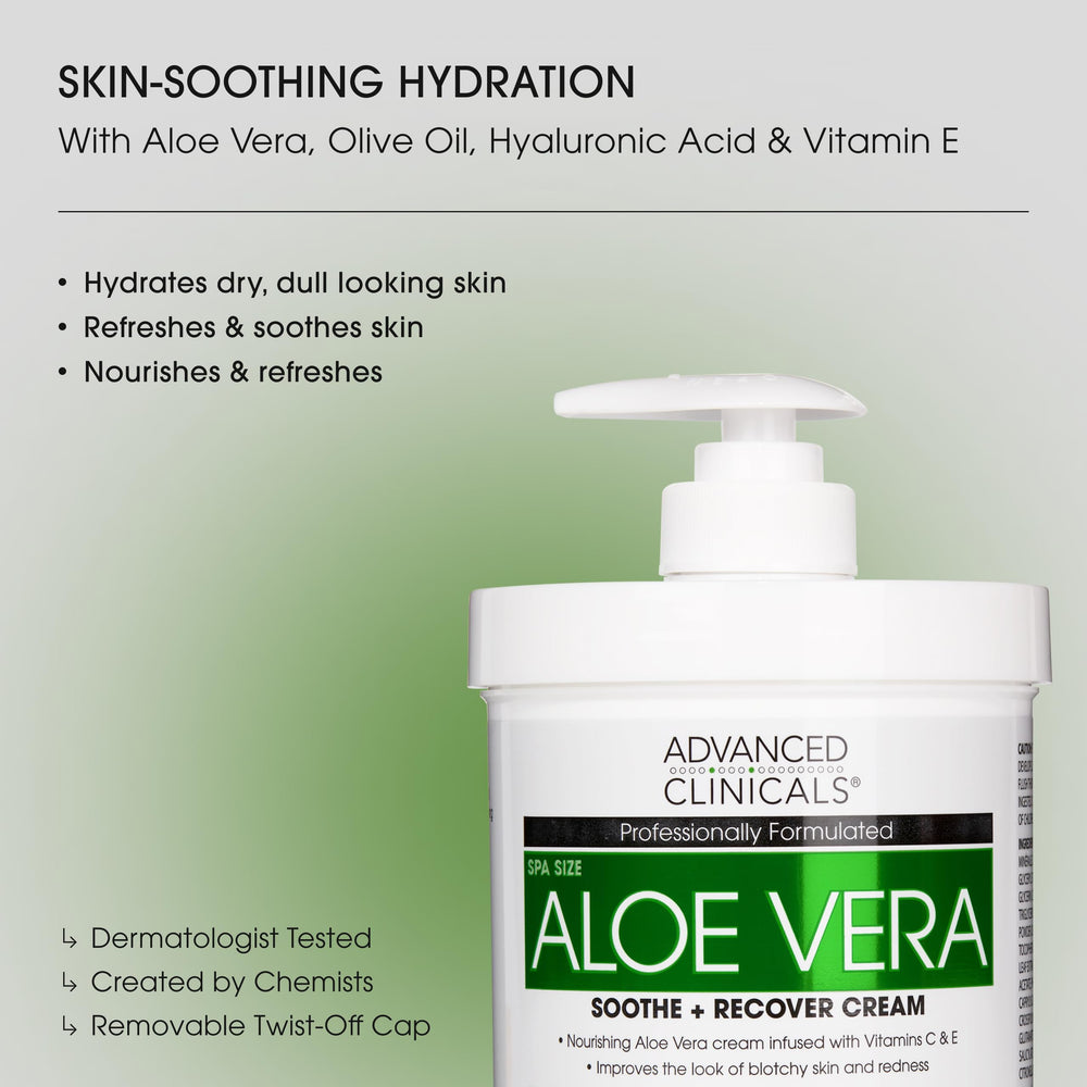 Advanced Clinicals Aloe Vera Lotion bottle with daily hydration demonstration on skin.