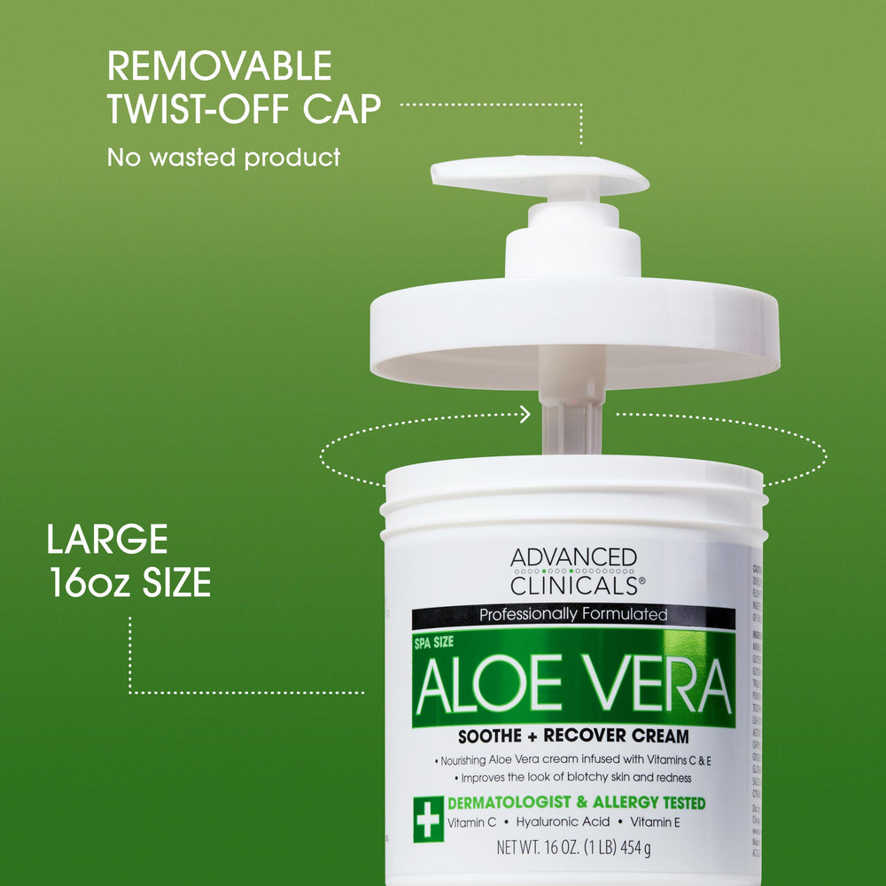 Advanced Clinicals Aloe Vera Lotion ingredients panel with hyaluronic acid and vitamin E