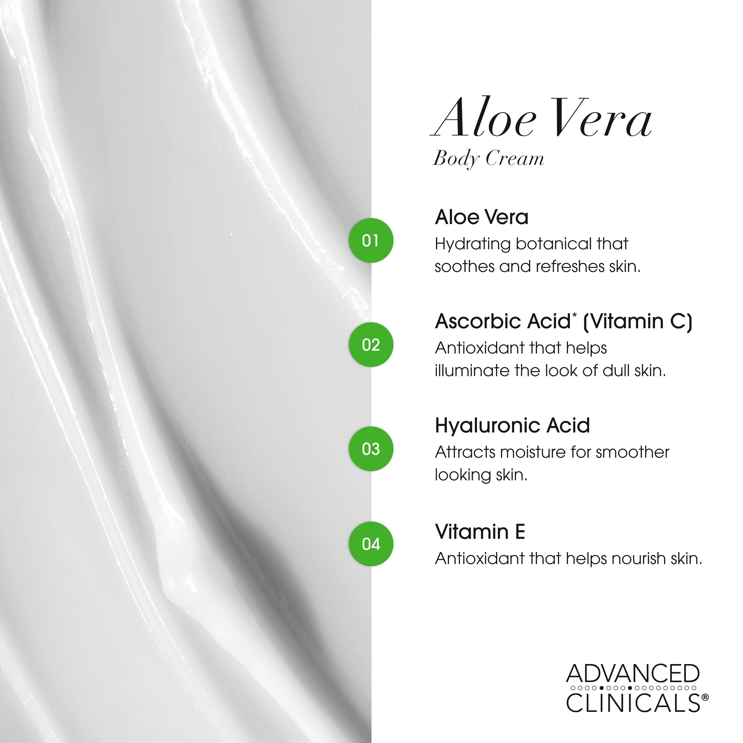 Advanced Clinicals Aloe Vera Lotion texture closeup showing non-greasy finish.
