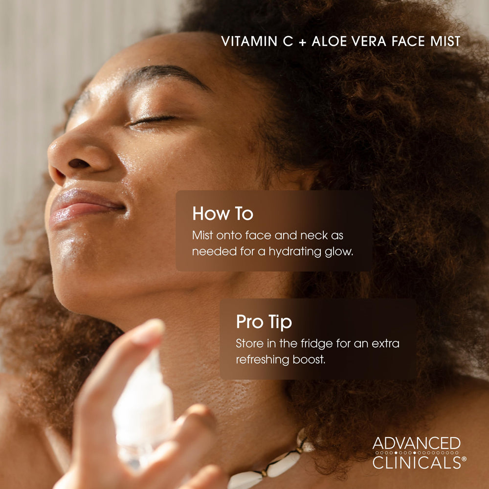 Advanced Clinicals Antioxidant Glow Mist applied on skin for makeup prep hydration.