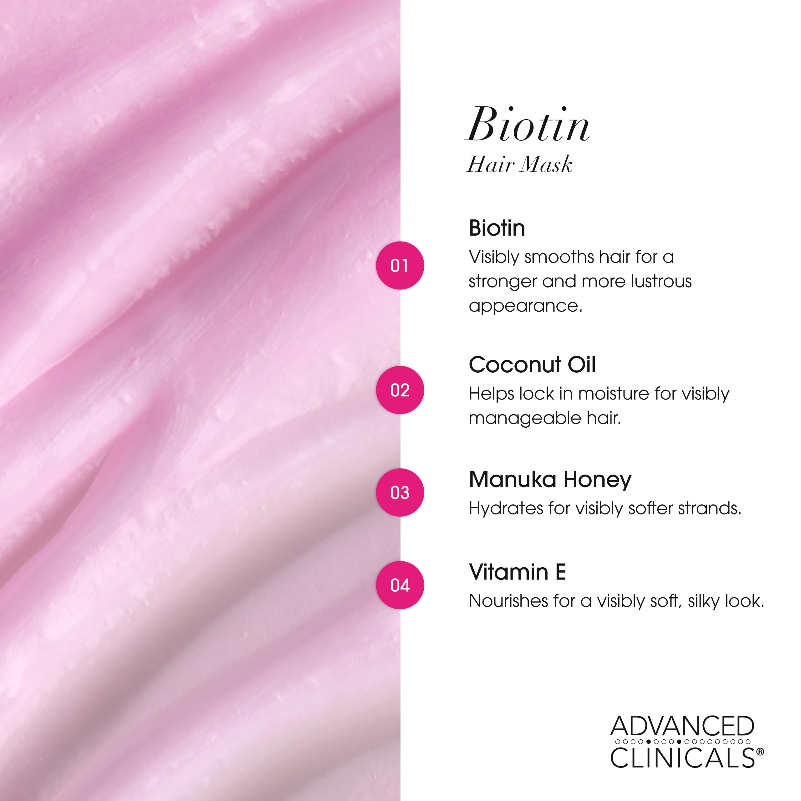 Advanced Clinicals Biotin Hair Mask with caffeine boosts scalp vitality and hair strength.