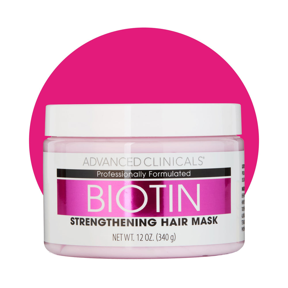 Advanced Clinicals Biotin Hair Mask jar shows rich cream for hair repair and shine.