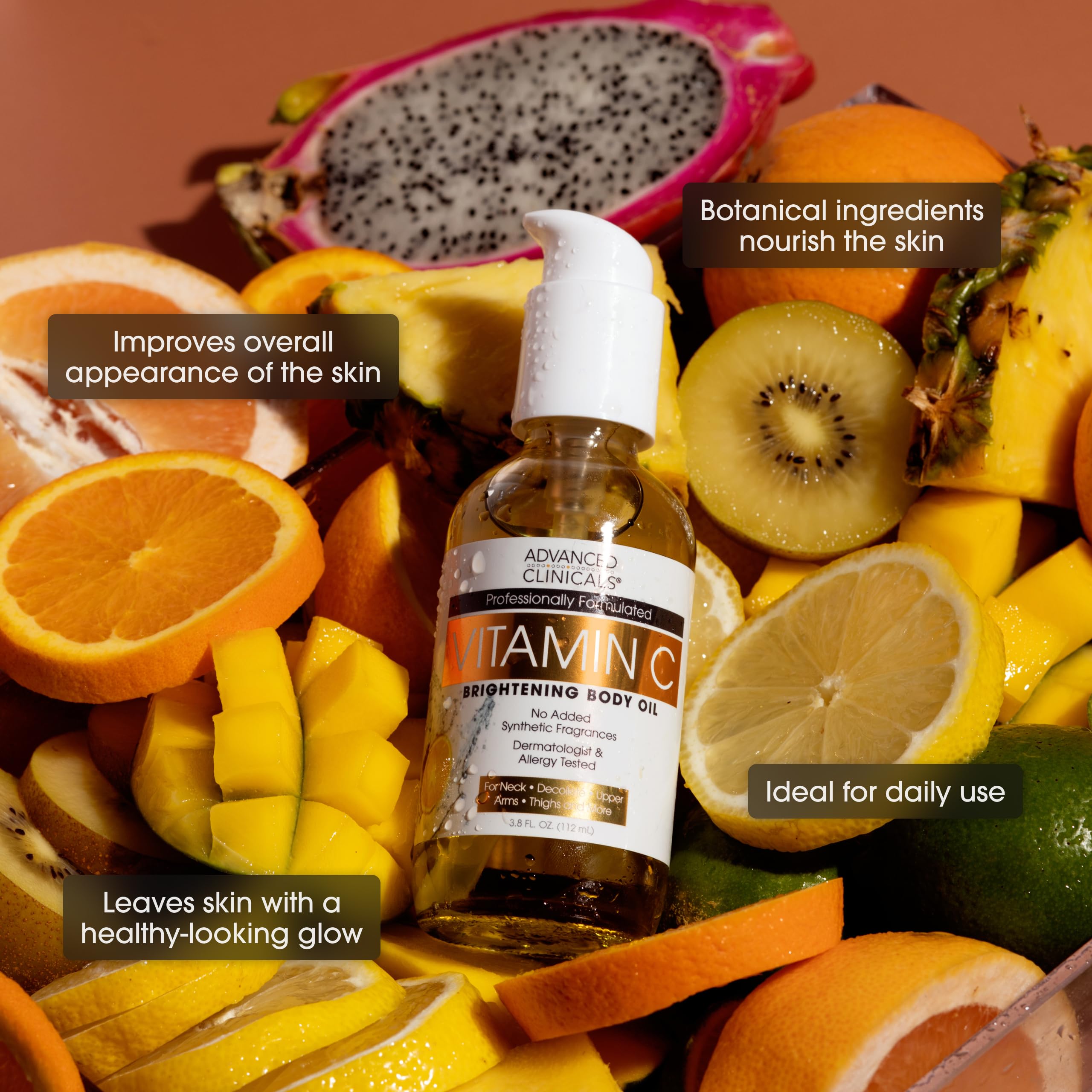 Advanced Clinicals Vitamin C Oil texture swatch shows non-greasy finish