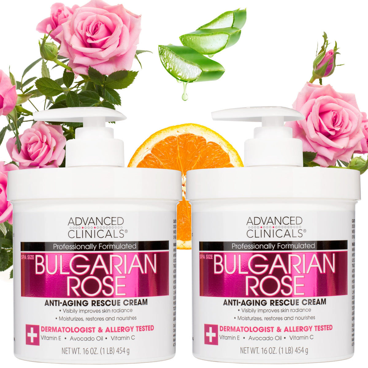 Advanced Clinicals Bulgarian Rose Cream bottle pour demonstrates hydrating, refreshing daily use.