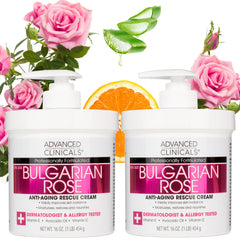 Advanced Clinicals Bulgarian Rose Cream bottle pour demonstrates hydrating, refreshing daily use.