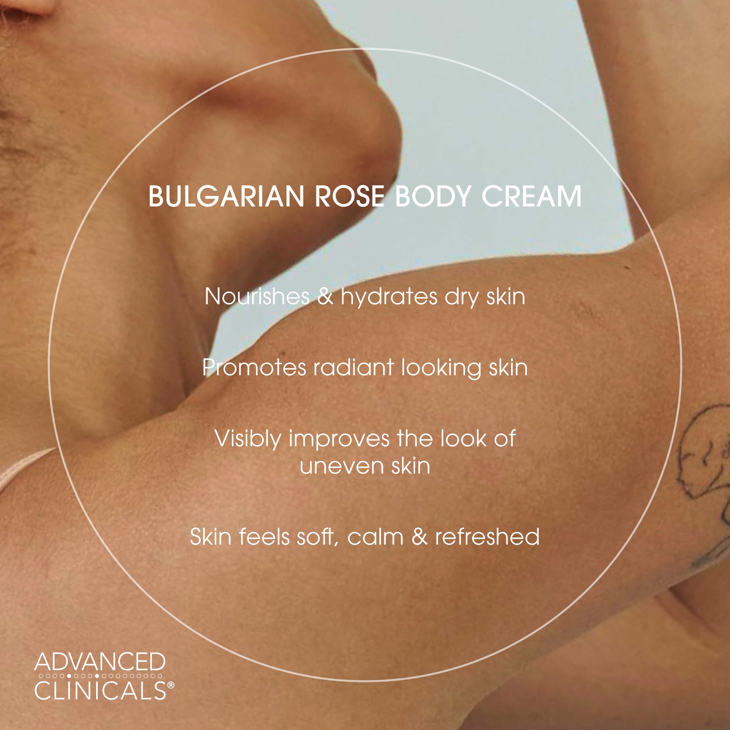 Advanced Clinicals Bulgarian Rose Lotion bottle with rose petals evokes luxurious scent.