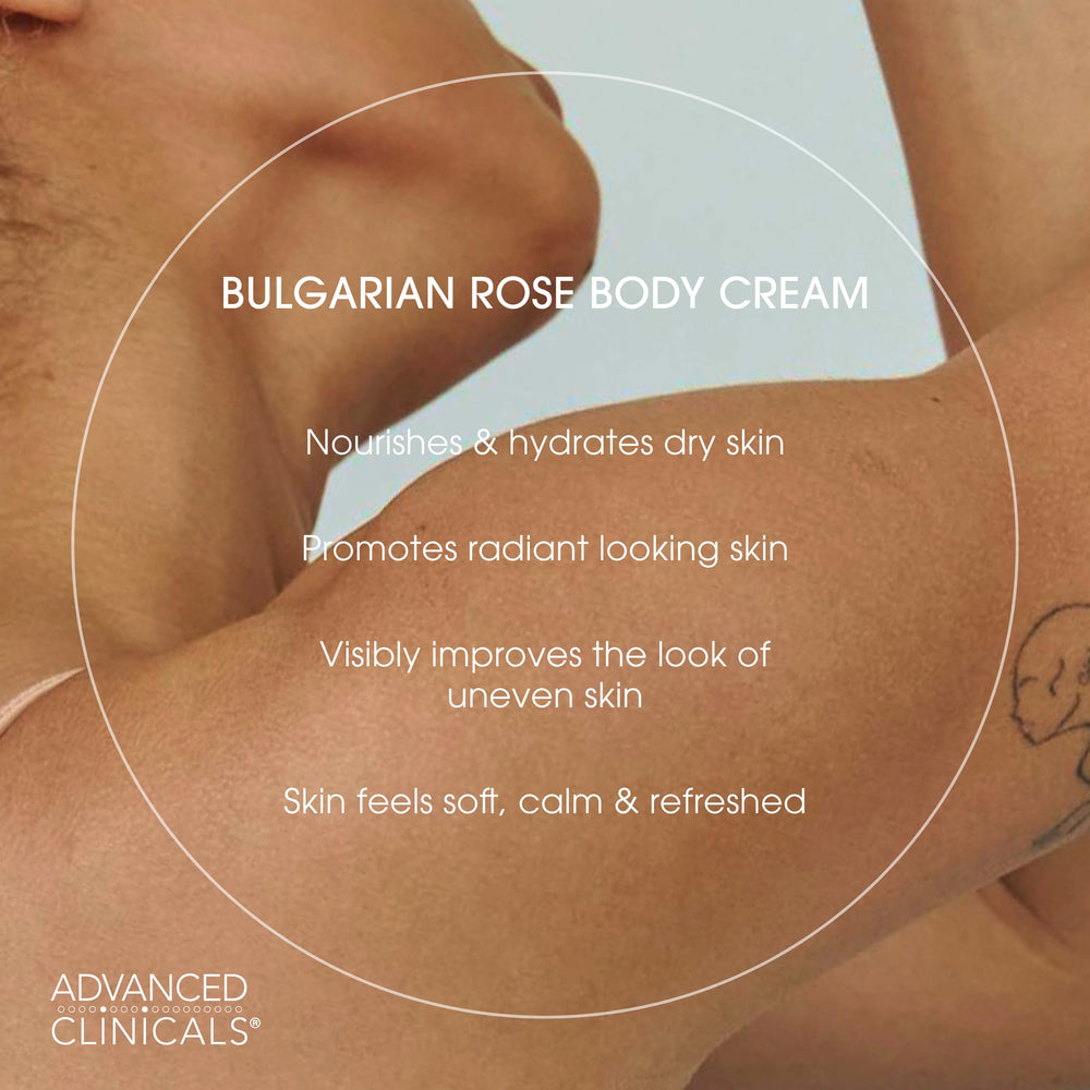 Advanced Clinicals Bulgarian Rose Lotion bottle with rose petals evokes luxurious scent.
