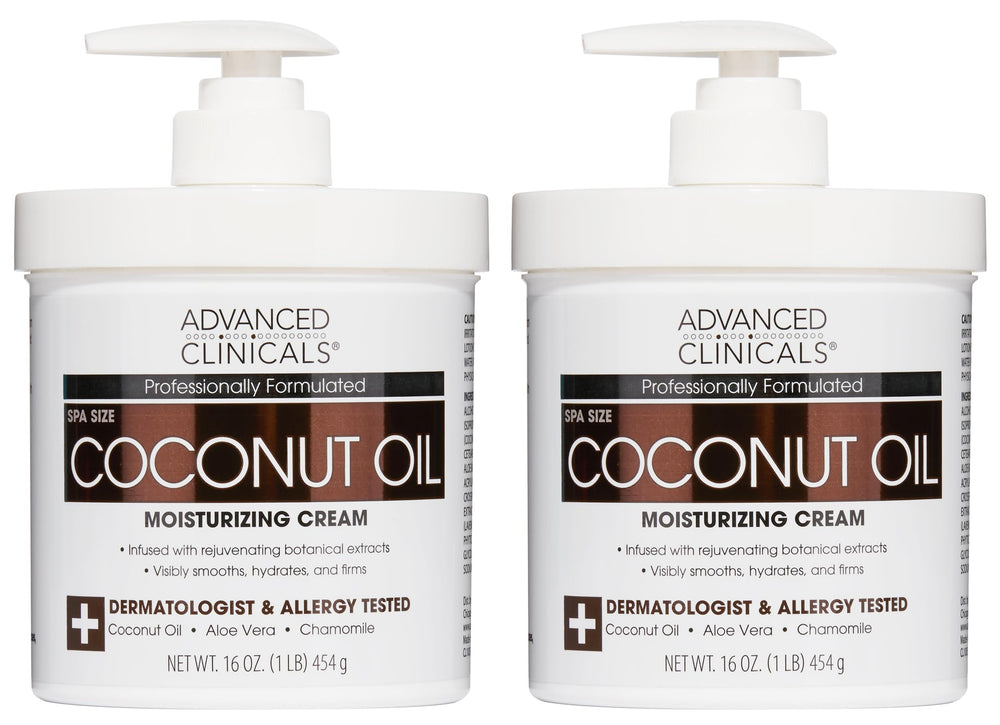 Advanced Clinicals Coconut Oil Body Cream bottle close-up showing hydrating formula for dry skin.
