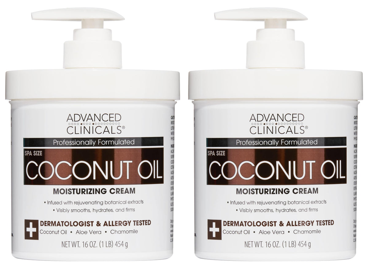 Advanced Clinicals Coconut Oil Body Cream bottle close-up showing hydrating formula for dry skin.